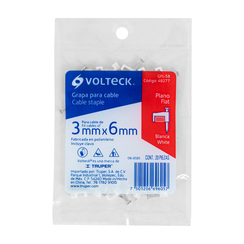 Bolsa con 20 grapas blancas Volteck, 3 x 6 mm para cable plano