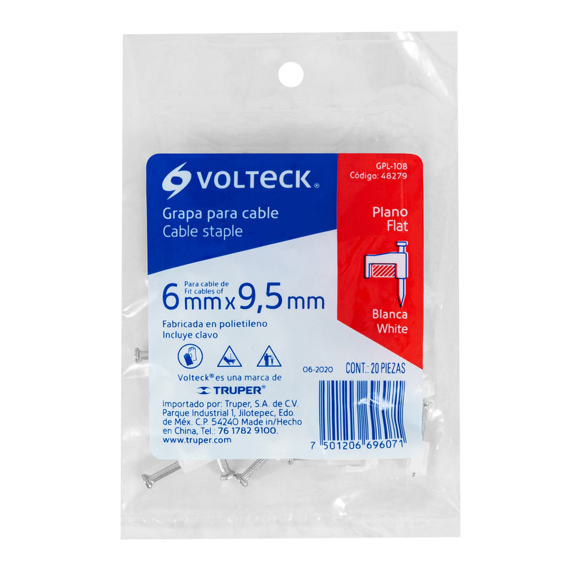 Bolsa con 20 grapas blancas Volteck, 6 x 9.5mm para cable plano